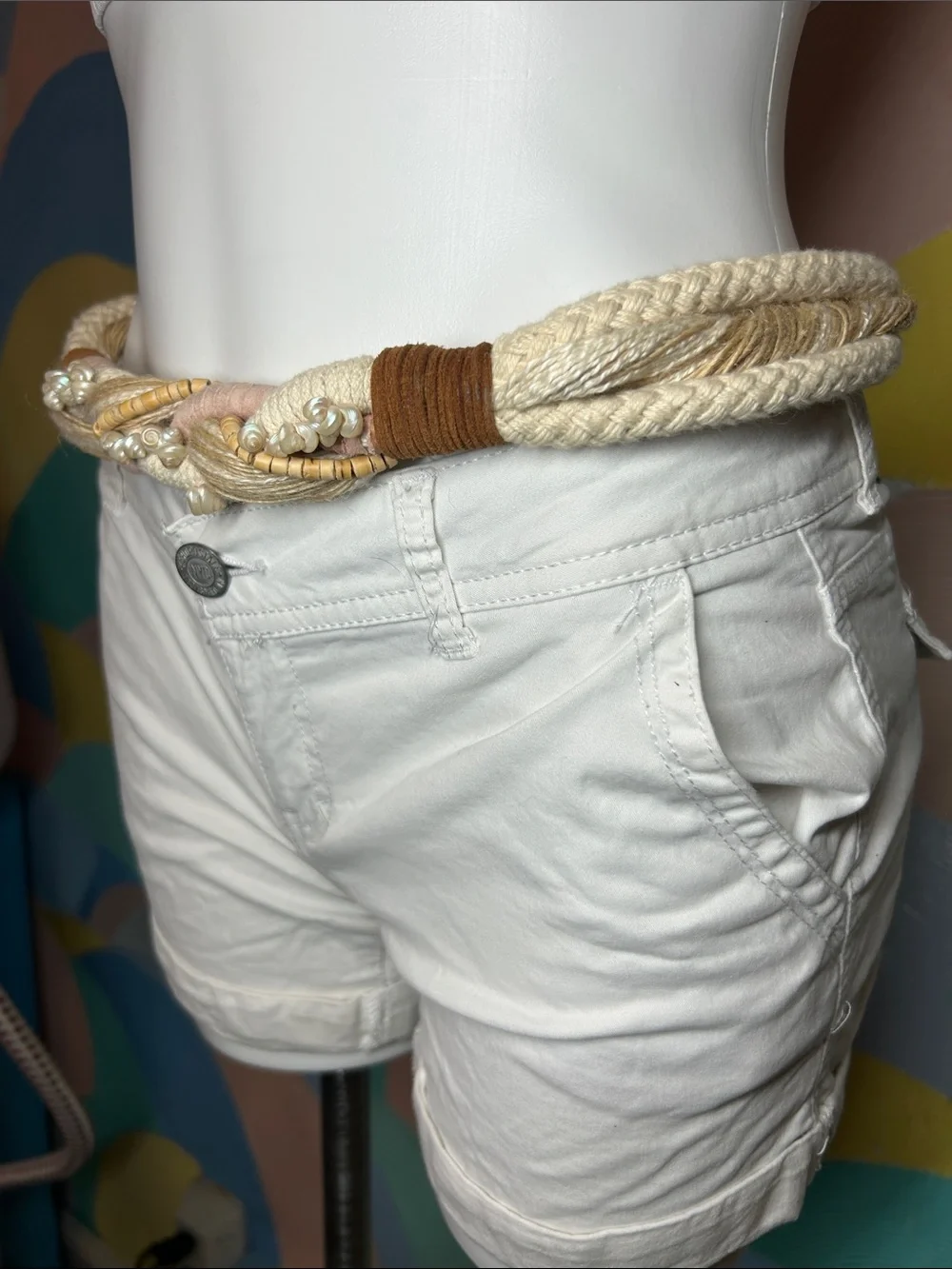 Vintage 1980s Braided Rope Waist Belt with Bead Accents - Neutral Tones